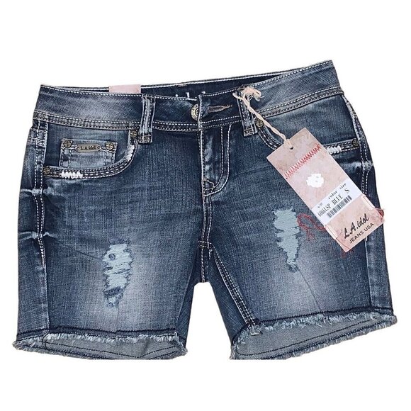 L.A. Idol Jeans S Shorts Womens Cutoff Faded‎ Distressed Denim Pocket Detail - Picture 1 of 4
